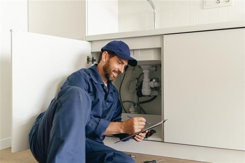 Residential plumber reviewing plumbing repairs in a Auburndale kitchen