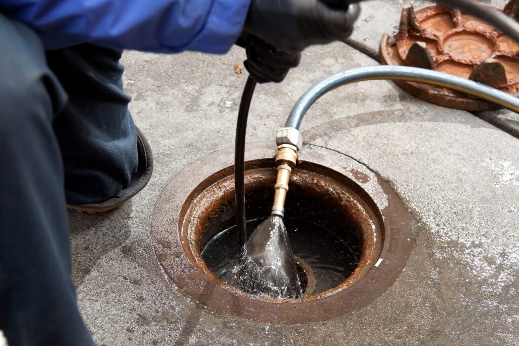 Plumber hydro jetting a sewer line through a manhole in Auburndale