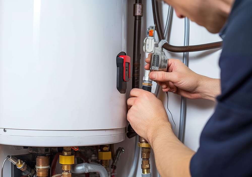 Technician repairing pipes connected to a water heater in Auburndale
